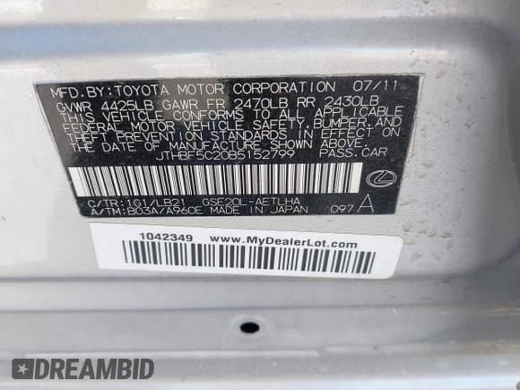 ✅ 2011 Lexus IS 250 • VIN: JTHBF5C20B5152799 • Lot: 43847946. Listed on IAAI with 144,677 mi. Free auction sales archive from the USA and detailed vehicle history report at DreamBid. Image 9.