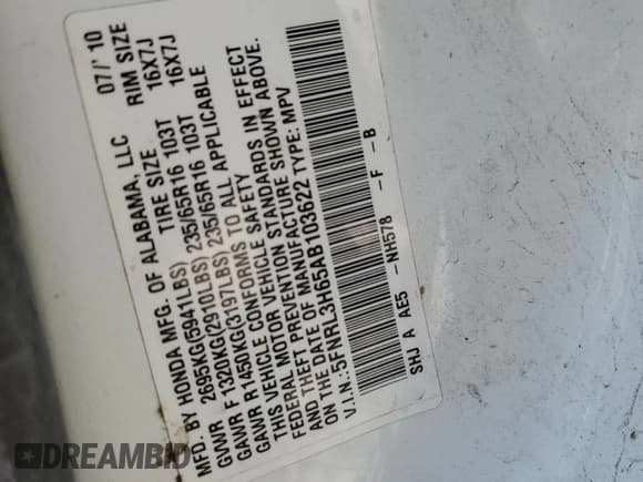 ✅ 2010 Honda Odyssey EX-L • VIN: 5FNRL3H65AB103622 • Лот: 59854745. Опубликован ранее на Copart с пробегом 106 093 миль. Бесплатный доступ к архиву аукционных продаж из США и подробный отчёт об истории автомобиля на DreamBid. Изображение 13.