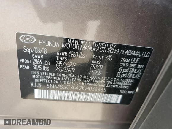 ✅ 2019 Hyundai Santa Fe Ultimate • VIN: 5NMS5CAA2KH036665 • Lot: 55957253. Wystawiony na Copart z przebiegiem 34 993 mil. Bezpłatny archiwum sprzedaży aukcyjnych z USA i szczegółowy raport historii pojazdu na DreamBid. Zdjęcie 13.