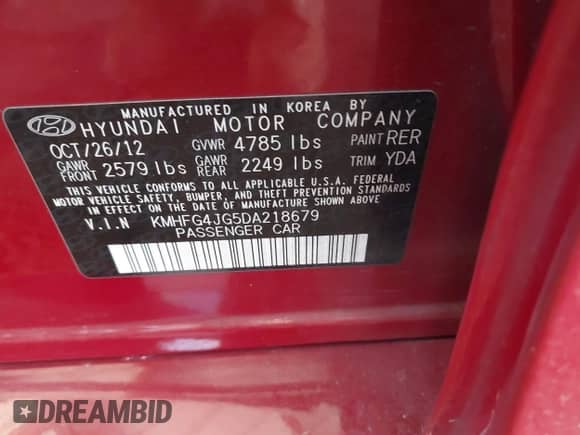 2013 Hyundai Azera z VIN KMHFG4JG5DA218679, wystawiony jako IAAI lot #41889268 z przebiegiem Nie podano mil oraz . Historia ofert i sprzedaży dostępna na DreamBid. Obrazek 9.