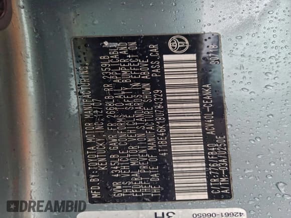 ✅ 2008 Toyota Camry SE • VIN: 4T1BE46K18U781329 • Lot: 95345625. Listed on Copart with 133,427 mi. Free auction sales archive from the USA and detailed vehicle history report at DreamBid. Image 12.