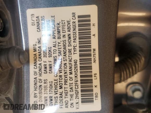 ✅ 2019 Honda Civic LX • VIN: 2HGFC2F61KH526940 • Лот: 84957065. Опубликован ранее на Copart с пробегом 51 543 миль. Бесплатный доступ к архиву аукционных продаж из США и подробный отчёт об истории автомобиля на DreamBid. Изображение 12.