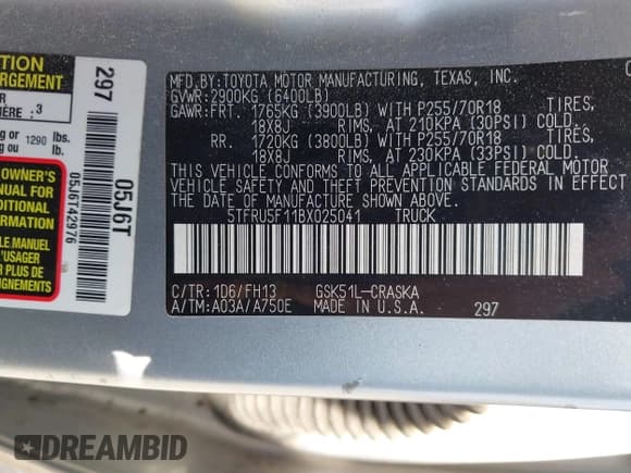 ✅ 2011 Toyota Tundra • VIN: 5TFRU5F11BX025041 • Лот: 42831132. Опубликован ранее на IAAI с пробегом 183 747 миль. Бесплатный доступ к архиву аукционных продаж из США и подробный отчёт об истории автомобиля на DreamBid. Изображение 9.