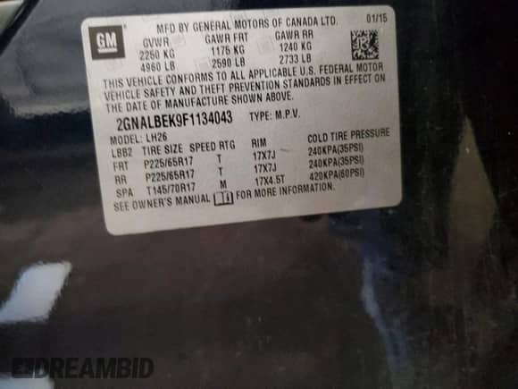 2015 Chevrolet Equinox LT with VIN 2GNALBEK9F1134043, listed as a Copart auction lot 84642815 with Not provided miles and Clean title. Bid and sale history available at DreamBid. Image 13.