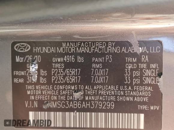 2010 Hyundai Santa Fe GLS with VIN 5NMSG3AB6AH379299, listed as a Copart auction lot 65987014 with 134,917 mi miles and Salvage title. Bid and sale history available at DreamBid. Image 15.