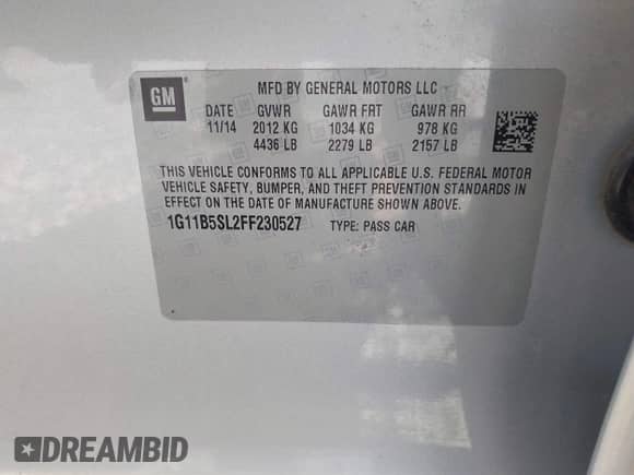 2015 Chevrolet Malibu LS with VIN 1G11B5SL2FF230527, listed as a IAAI auction lot 43486313 with 114,407 mi miles and . Bid and sale history available at DreamBid. Image 9.