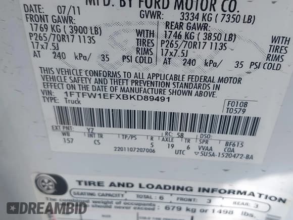 ✅ 2011 Ford F-150 XL • VIN: 1FTFW1EFXBKD89491 • Lot: 41479190. Listed on IAAI with 242,797 mi. Free auction sales archive from the USA and detailed vehicle history report at DreamBid. Image 9.