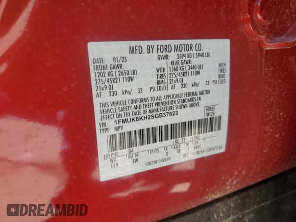 ✅ 2025 Ford Explorer ST-Line • VIN: 1FMUK8KH2SGB37623 • Lot: 86810685. Listed on Copart with 16,580 mi. Free auction sales archive from the USA and detailed vehicle history report at DreamBid. Image 14.