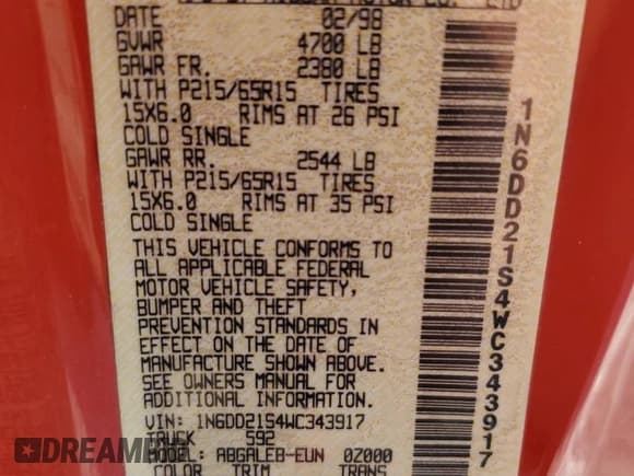 ✅ 1998 Nissan Frontier XE • VIN: 1N6DD21S4WC343917 • Lot: 59346585. Listed on Copart with 127,324 mi. Free auction sales archive from the USA and detailed vehicle history report at DreamBid. Image 12.