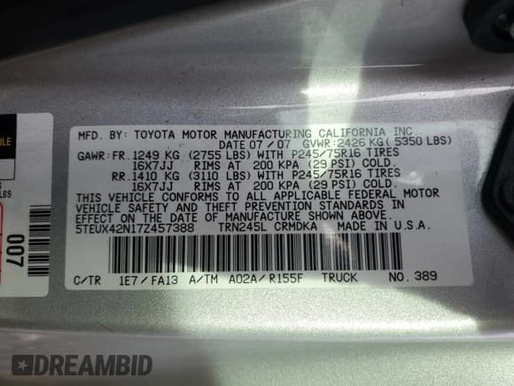 ✅ 2007 Toyota Tacoma • VIN: 5TEUX42N17Z457388 • Lot: 91279745. Wystawiony na Copart z przebiegiem 137 219 mil. Bezpłatny archiwum sprzedaży aukcyjnych z USA i szczegółowy raport historii pojazdu na DreamBid. Zdjęcie 12.