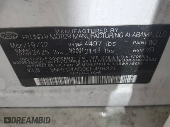 2012 Hyundai Sonata SE with VIN 5NPEC4AB0CH496221, listed as a Copart auction lot 70775225 with 97,827 mi miles and Salvage title. Bid and sale history available at DreamBid. Image 12.