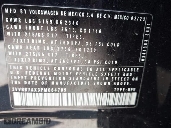 ✅ 2023 Volkswagen Tiguan S • VIN: 3VVRB7AX3PM064709 • Lot: 42103656. Listed on IAAI with 17,157 mi. Free auction sales archive from the USA and detailed vehicle history report at DreamBid. Image 9.