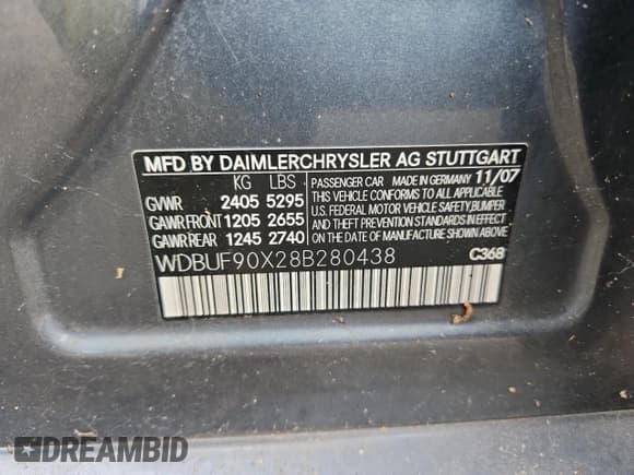 ✅ 2008 Mercedes-Benz E 550 • VIN: WDBUF90X28B280438 • Lot: 66158345. Listed on Copart with Not provided. Free auction sales archive from the USA and detailed vehicle history report at DreamBid. Image 12.