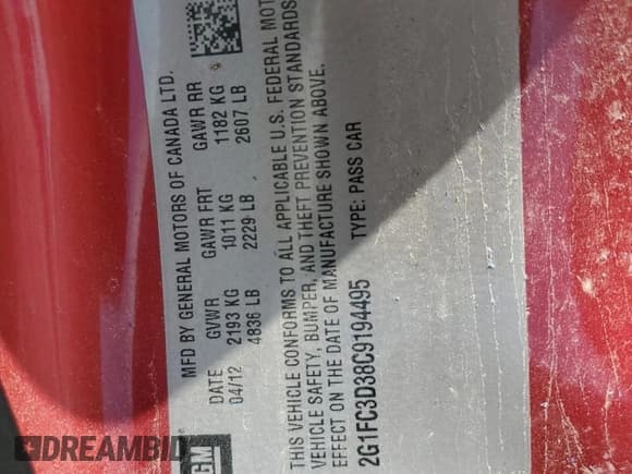 ✅ 2012 Chevrolet Camaro 2LT • VIN: 2G1FC3D38C9194495 • Lot: 60539475. Listed on Copart with Not provided. Free auction sales archive from the USA and detailed vehicle history report at DreamBid. Image 12.