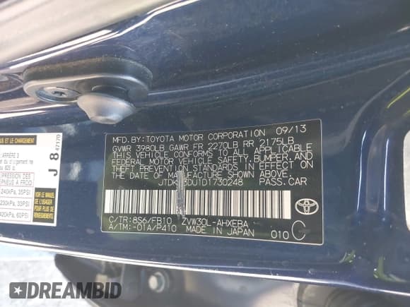 ✅ 2013 Toyota Prius One • VIN: JTDKN3DU1D1730248 • Lot: 43156030. Listed on IAAI with 177,572 mi. Free auction sales archive from the USA and detailed vehicle history report at DreamBid. Image 9.