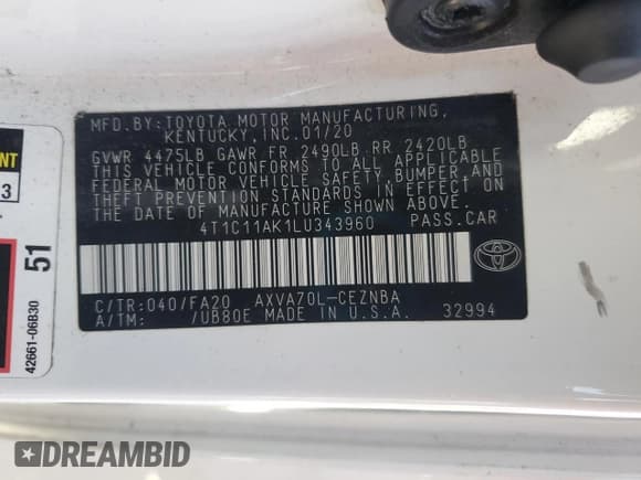 ✅ 2020 Toyota Camry LE • VIN: 4T1C11AK1LU343960 • Lot: 70981775. Listed on Copart with 156,887 mi. Free auction sales archive from the USA and detailed vehicle history report at DreamBid. Image 13.