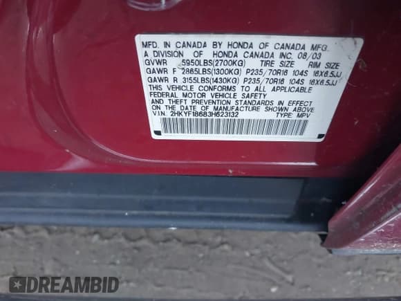 ✅ 2003 Honda Pilot EX • VIN: 2HKYF18683H623132 • Lot: 40642933. Listed on IAAI with Not provided. Free auction sales archive from the USA and detailed vehicle history report at DreamBid. Image 9.