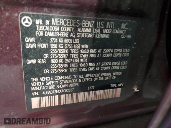 ✅ 1999 Mercedes-Benz M 320/430/500 • VIN: 4JGAB72EXXA082657 • Лот: 71366544. Опубликован ранее на Copart с пробегом 113 918 миль. Бесплатный доступ к архиву аукционных продаж из США и подробный отчёт об истории автомобиля на DreamBid. Изображение 13.