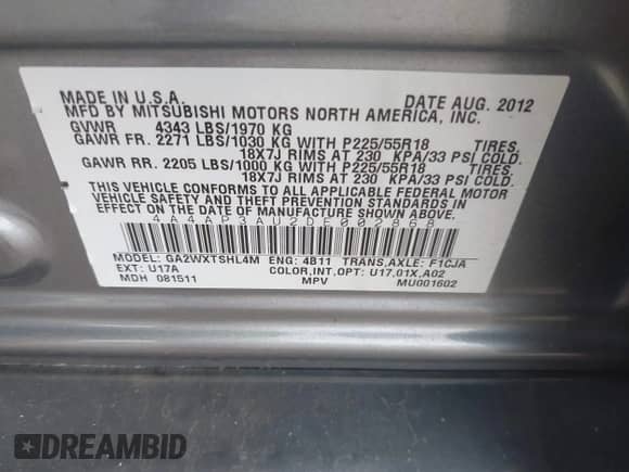 2013 Mitsubishi Outlander ES z VIN 4A4AP3AU2DE002868, wystawiony jako IAAI lot #43123086 z przebiegiem 163 404 mil mil oraz . Historia ofert i sprzedaży dostępna na DreamBid. Obrazek 9.