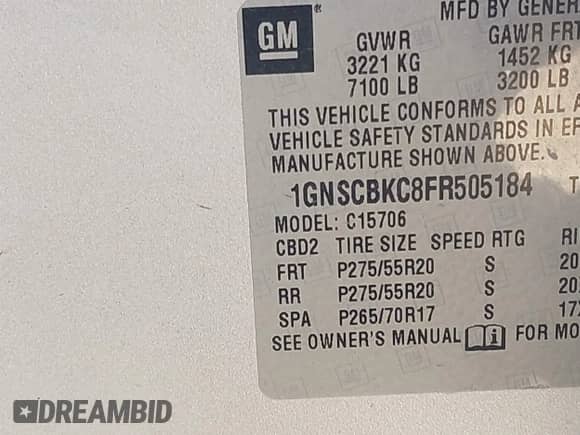 2015 Chevrolet Tahoe LT с VIN 1GNSCBKC8FR505184, выставлен на аукционе IAAI как лот 43169709 с пробегом 189 975 миль миль и . История ставок и продаж доступна на DreamBid. Изображение 9.