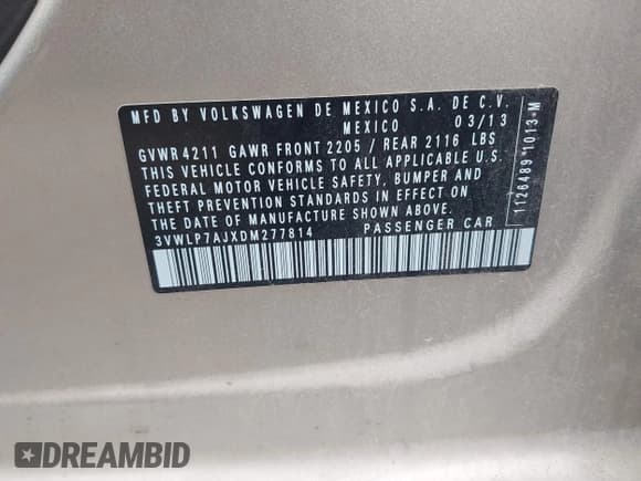 ✅ 2013 Volkswagen Jetta SEL • VIN: 3VWLP7AJXDM277814 • Lot: 43098087. Listed on IAAI with 175,017 mi. Free auction sales archive from the USA and detailed vehicle history report at DreamBid. Image 9.