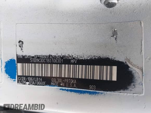 2011 Toyota Sienna XLE AAS with VIN 5TDYK3DC1BS106301, listed as a IAAI auction lot 43423294 with 158,803 mi miles and . Bid and sale history available at DreamBid. Image 9.