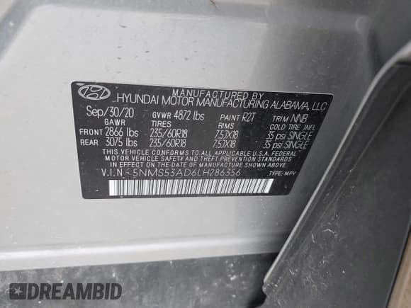 ✅ 2020 Hyundai Santa Fe Limited • VIN: 5NMS53AD6LH286356 • Lot: 42633381. Wystawiony na IAAI z przebiegiem 70 929 mil. Bezpłatny archiwum sprzedaży aukcyjnych z USA i szczegółowy raport historii pojazdu na DreamBid. Zdjęcie 9.