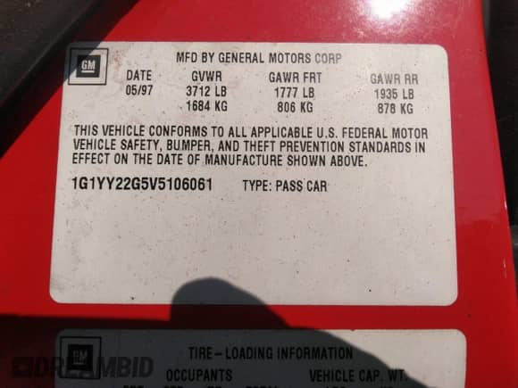 1997 Chevrolet Corvette with VIN 1G1YY22G5V5106061, listed as a IAAI auction lot 40185767 with 49,877 mi miles and . Bid and sale history available at DreamBid. Image 9.