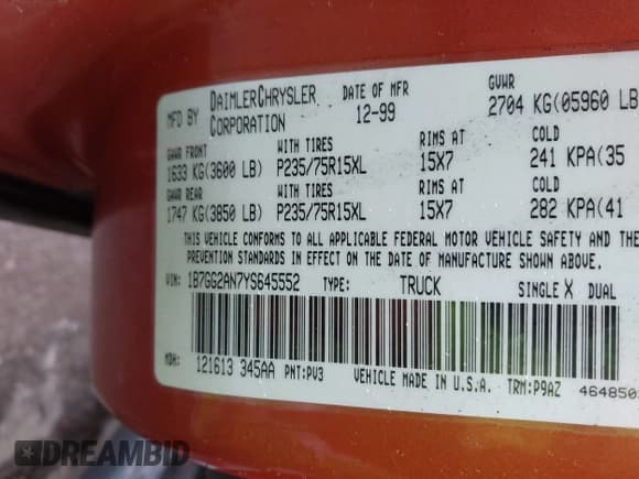 ✅ 2000 Dodge Dakota Sport • VIN: 1B7GG2AN7YS645552 • Lot: 41811635. Wystawiony na IAAI z przebiegiem 194 498 mil. Bezpłatny archiwum sprzedaży aukcyjnych z USA i szczegółowy raport historii pojazdu na DreamBid. Zdjęcie 9.