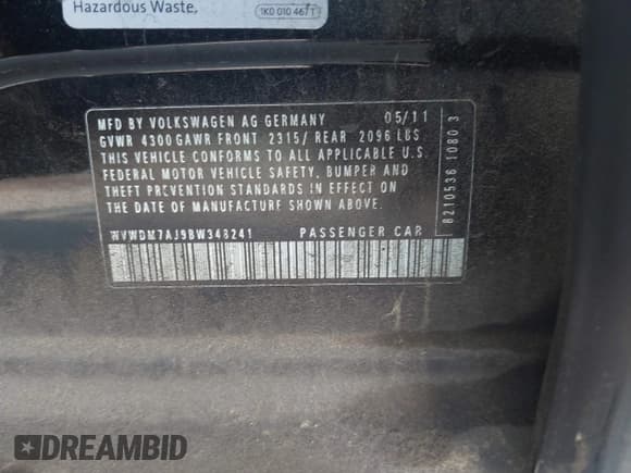 ✅ 2011 Volkswagen Golf TDI • VIN: WVWDM7AJ9BW348241 • Lot: 42701490. Listed on IAAI with 149,451 mi. Free auction sales archive from the USA and detailed vehicle history report at DreamBid. Image 9.