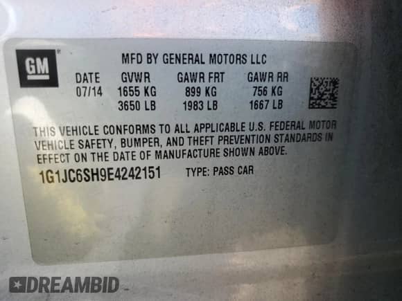 2014 Chevrolet Sonic LT с VIN 1G1JC6SH9E4242151, выставлен на аукционе Copart как лот 62490424 с пробегом 165 435 миль миль и Списание • Salvage title. История ставок и продаж доступна на DreamBid. Изображение 12.