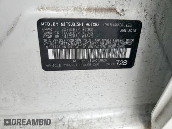 ✅ 2018 Mitsubishi Mirage ES • VIN: ML32A3HJ3JH013626 • Lot: 54129455. Listed on Copart with 168,445 mi. Free auction sales archive from the USA and detailed vehicle history report at DreamBid. Image 12.