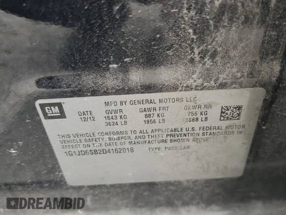 2013 Chevrolet Sonic LT with VIN 1G1JD6SB2D4162018, listed as a Copart auction lot 81661444 with 129,393 mi miles and Salvage title. Bid and sale history available at DreamBid. Image 12.