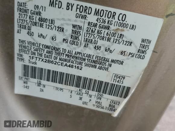 ✅ 2012 Ford F-250 XL • VIN: 1FT7X2B62CEA48162 • Lot: 67409505. Listed on Copart with 120,008 mi. Free auction sales archive from the USA and detailed vehicle history report at DreamBid. Image 12.