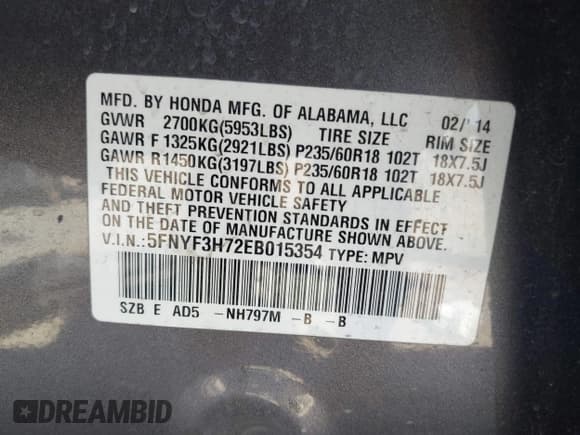 ✅ 2014 Honda Pilot EX-L • VIN: 5FNYF3H72EB015354 • Lot: 43403546. Listed on IAAI with 132,249 mi. Free auction sales archive from the USA and detailed vehicle history report at DreamBid. Image 9.