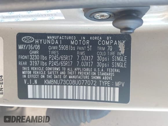 ✅ 2008 Hyundai Veracruz GLS • VIN: KM8NU73C08U077072 • Lot: 43406215. Listed on IAAI with 147,771 mi. Free auction sales archive from the USA and detailed vehicle history report at DreamBid. Image 9.