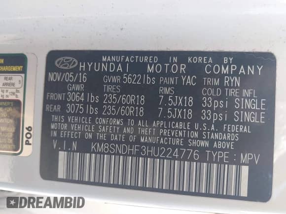 2017 Hyundai Santa Fe SE z VIN KM8SNDHF3HU224776, wystawiony jako IAAI lot #43111085 z przebiegiem Nie podano mil oraz . Historia ofert i sprzedaży dostępna na DreamBid. Obrazek 9.