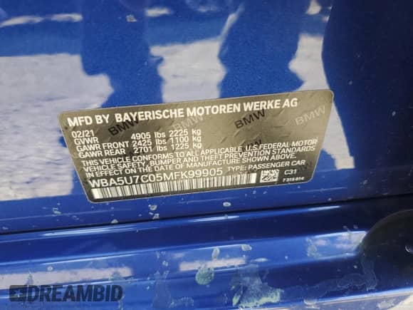 2021 BMW 3 Series M340i with VIN WBA5U7C05MFK99905, listed as a Copart auction lot 47805825 with Not provided miles and Salvage title. Bid and sale history available at DreamBid. Image 14.