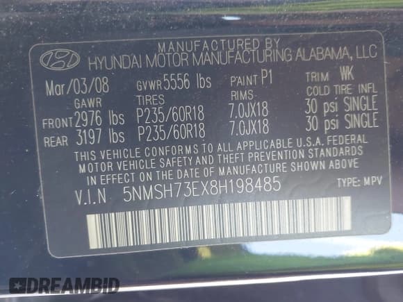 ✅ 2008 Hyundai Santa Fe SE • VIN: 5NMSH73EX8H198485 • Лот: 43624472. Опубликован ранее на IAAI с пробегом 114 860 миль. Бесплатный доступ к архиву аукционных продаж из США и подробный отчёт об истории автомобиля на DreamBid. Изображение 9.