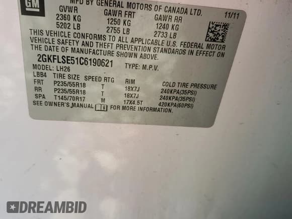 ✅ 2012 GMC Terrain SLE-2 • VIN: 2GKFLSE51C6190621 • Lot: 85476975. Wystawiony na Copart z przebiegiem 182 640 mil. Bezpłatny archiwum sprzedaży aukcyjnych z USA i szczegółowy raport historii pojazdu na DreamBid. Zdjęcie 13.