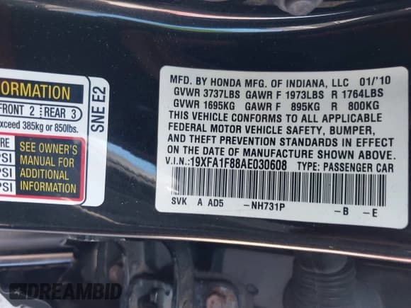 ✅ 2010 Honda Civic EX • VIN: 19XFA1F88AE030608 • Лот: 43590979. Опубликован ранее на IAAI с пробегом 109 032 миль. Бесплатный доступ к архиву аукционных продаж из США и подробный отчёт об истории автомобиля на DreamBid. Изображение 9.