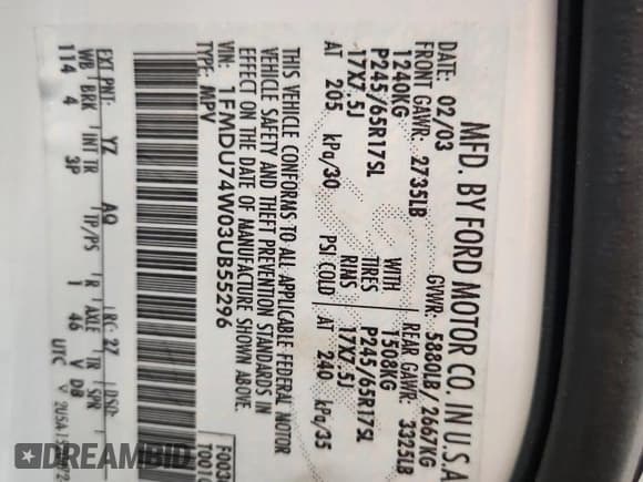 ✅ 2003 Ford Explorer Eddie Bauer • VIN: 1FMDU74W03UB55296 • Lot: 71177825. Listed on Copart with 130,611 mi. Free auction sales archive from the USA and detailed vehicle history report at DreamBid. Image 13.