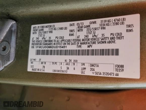 ✅ 2013 Ford Escape SE • VIN: 1FMCU0G96DUD15451 • Lot: 95038145. Wystawiony na Copart z przebiegiem 277 293 mil. Bezpłatny archiwum sprzedaży aukcyjnych z USA i szczegółowy raport historii pojazdu na DreamBid. Zdjęcie 13.