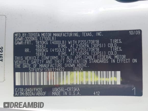 ✅ 2010 Toyota Tundra • VIN: 5TFUY5F17AX114822 • Lot: 43771752. Listed on IAAI with 139,022 mi. Free auction sales archive from the USA and detailed vehicle history report at DreamBid. Image 9.