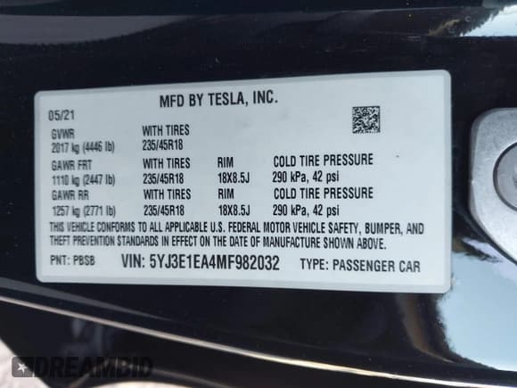 ✅ 2021 Tesla Model 3 Standard Range Plus • VIN: 5YJ3E1EA4MF982032 • Lot: 42271923. Wystawiony na IAAI z przebiegiem 46 651 mil. Bezpłatny archiwum sprzedaży aukcyjnych z USA i szczegółowy raport historii pojazdu na DreamBid. Zdjęcie 9.