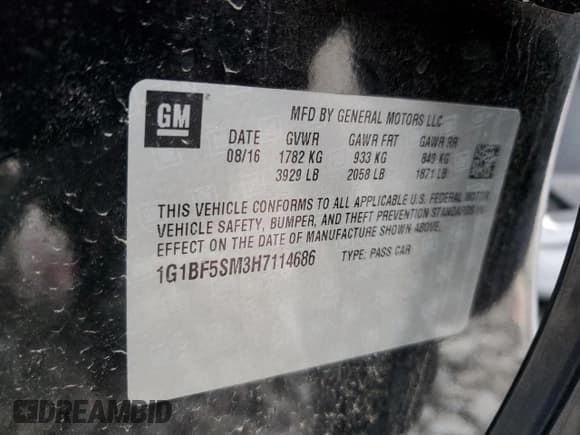 ✅ 2017 Chevrolet Cruze Premier • VIN: 1G1BF5SM3H7114686 • Lot: 37213653. Listed on Copart with 61,587 mi. Free auction sales archive from the USA and detailed vehicle history report at DreamBid. Image 12.