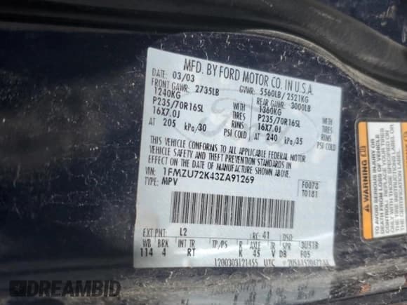 ✅ 2003 Ford Explorer XLS • VIN: 1FMZU72K43ZA91269 • Lot: 63998485. Listed on Copart with Not provided. Free auction sales archive from the USA and detailed vehicle history report at DreamBid. Image 12.