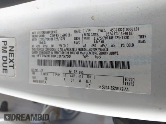 ✅ 2019 Ford F-250 XL • VIN: 1FT7W2BT0KED75750 • Лот: 43685820. Опубликован ранее на IAAI с пробегом 135 718 миль. Бесплатный доступ к архиву аукционных продаж из США и подробный отчёт об истории автомобиля на DreamBid. Изображение 9.