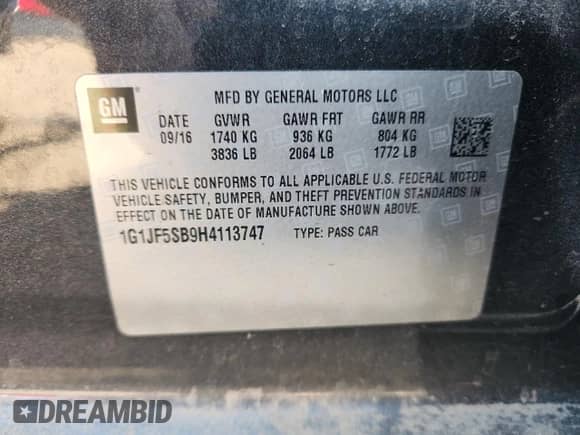 2017 Chevrolet Sonic Premier с VIN 1G1JF5SB9H4113747, выставлен на аукционе Copart как лот 85596085 с пробегом Не указан миль и Списание • Salvage title. История ставок и продаж доступна на DreamBid. Изображение 13.