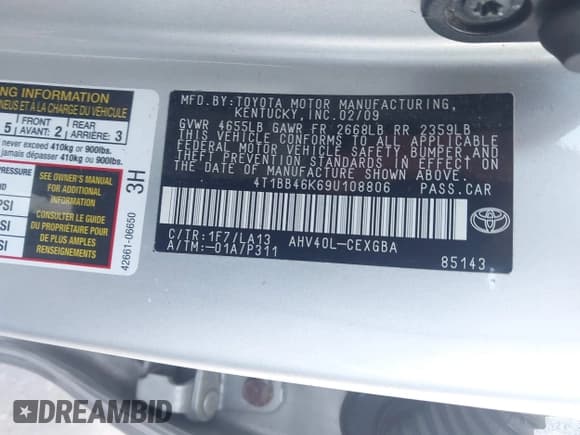 ✅ 2009 Toyota Camry • VIN: 4T1BB46K69U108806 • Lot: 43399813. Listed on IAAI with 173,003 mi. Free auction sales archive from the USA and detailed vehicle history report at DreamBid. Image 9.